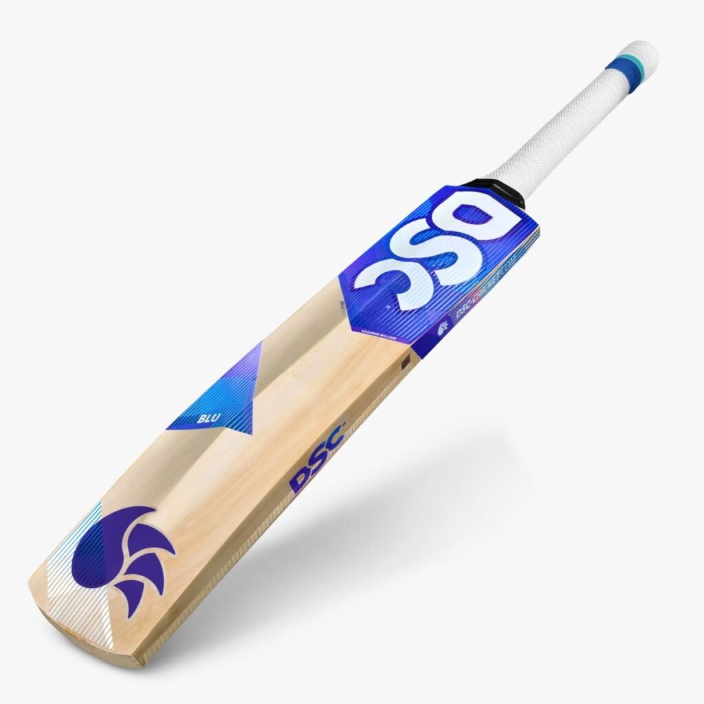 DSC Blu 11 Kashmir Willow Bat featuring a sleek blade, thick edges, and cushioned grip—ideal for school-level and practice sessions.