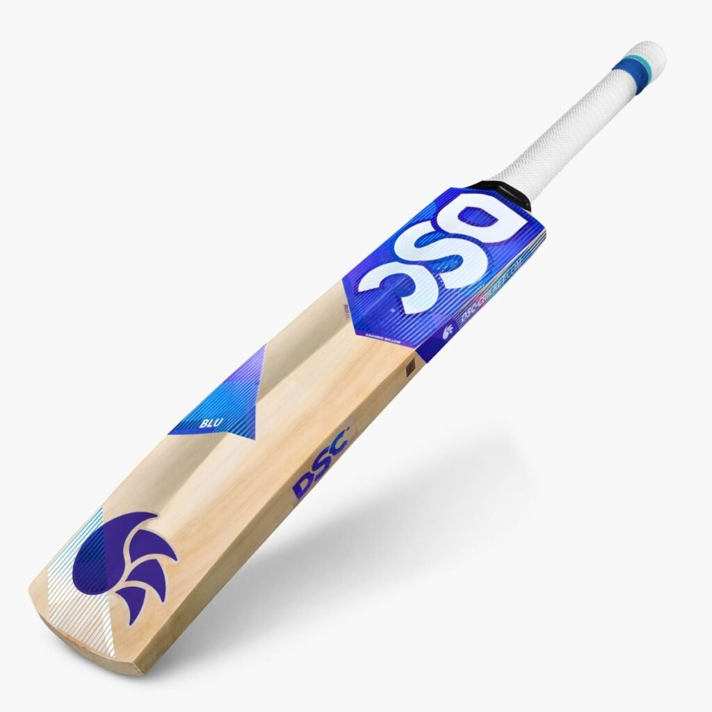 DSC Blu 44 Kashmir Willow Bat with thick profile, bold edges, and cushioned grip—crafted for powerful strokes and confident play.