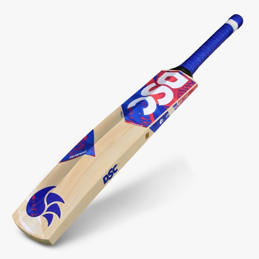DSC Intense Storm Kashmir Willow Cricket Bat showcasing massive edges, pronounced bow, and cushioned grip for optimal performance.