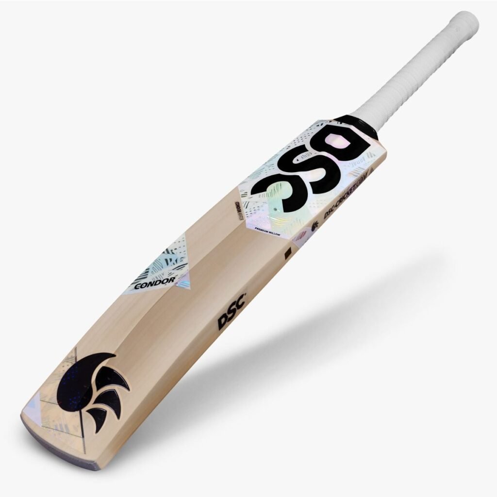 DSC Condor Aviator Kashmir Willow Cricket Bat showcasing massive edges, pronounced bow, and cushioned grip for optimal performance.