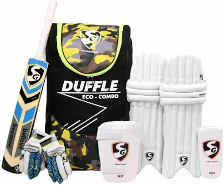 SG Kashmir Willow Economy Kit – complete beginner cricket kit with bat, gloves, pads, and bag, ideal for training and school tournaments.